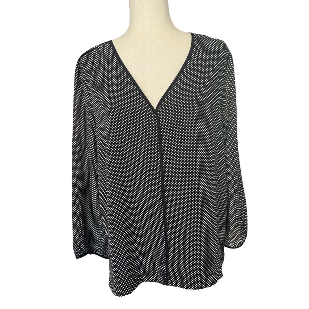DKNY Black Dotted Semi Sheer Back V Neck Top